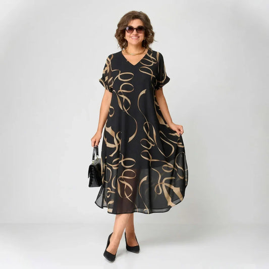 Francisca - Vestido con volante y estampado dorado