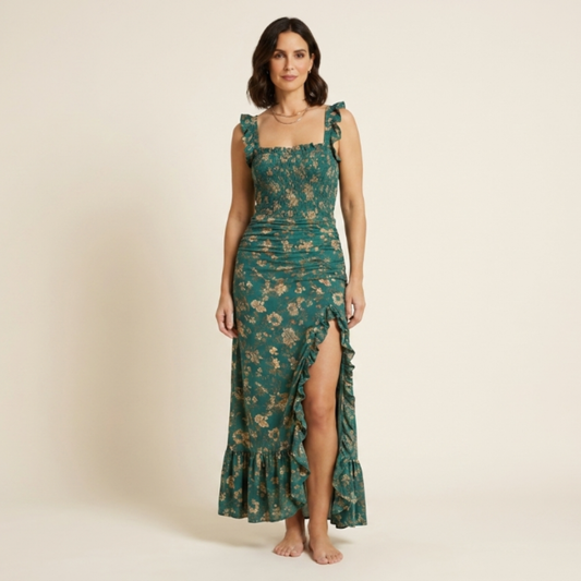 Helena - Vestido boho retro con volantes y abertura
