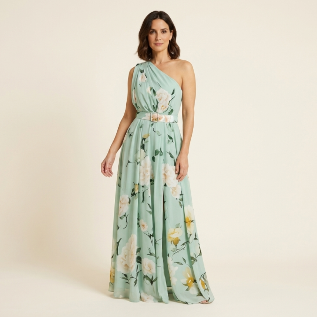Sandra - Vestido largo floral de un solo hombro