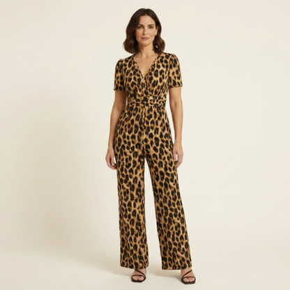 Rebeca - Mono de leopardo con escote en V y pierna ancha