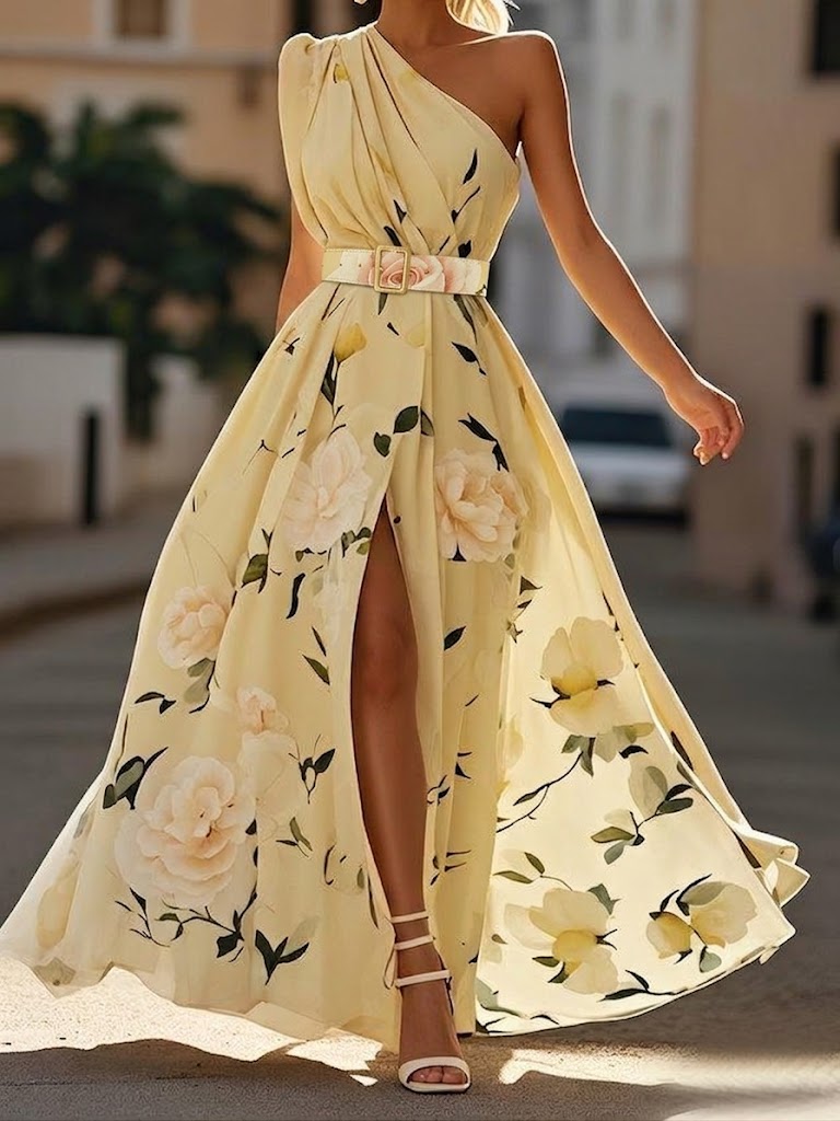Sandra - Vestido largo floral de un solo hombro