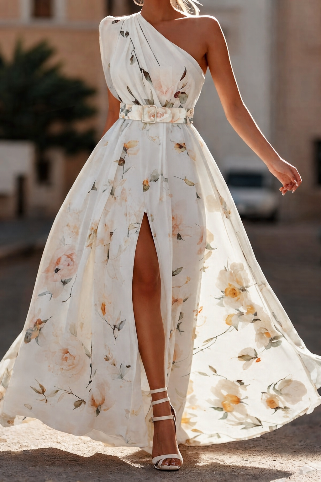 Sandra - Vestido largo floral de un solo hombro
