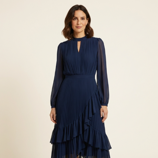Silvia - Vestido elegante con escote ojo de cerradura y volantes