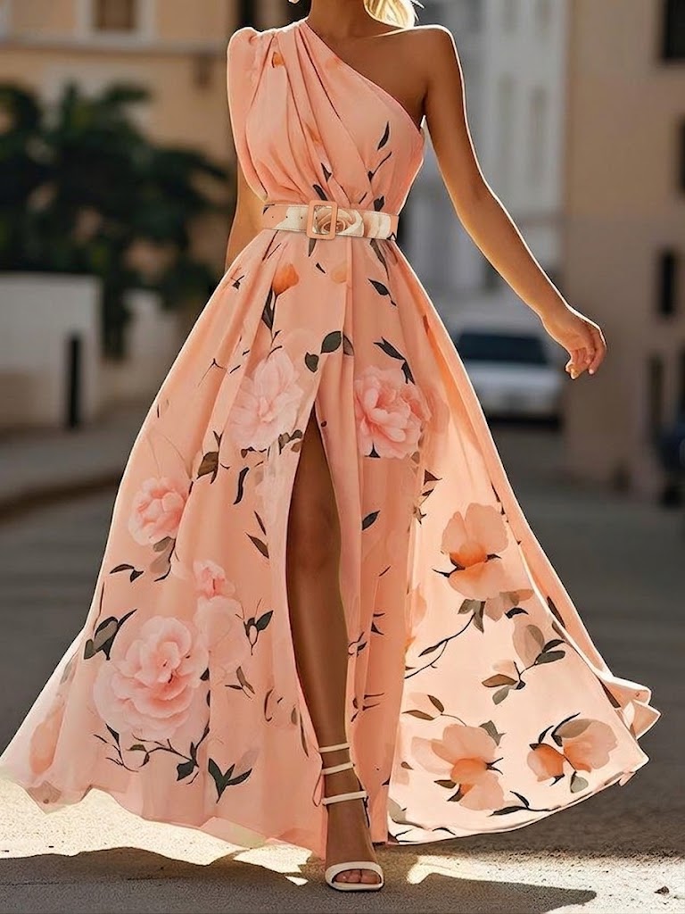 Sandra - Vestido largo floral de un solo hombro