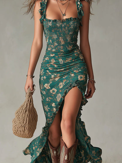 Helena - Vestido boho retro con volantes y abertura