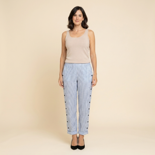 Salma - Pantalón recto de rayas con botones laterales