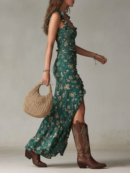 Helena - Vestido boho retro con volantes y abertura