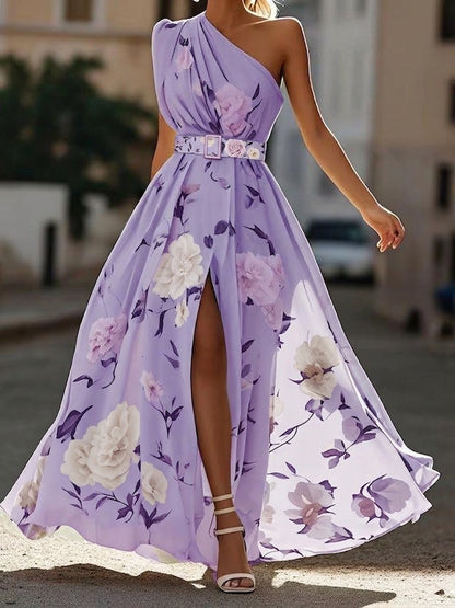 Sandra - Vestido largo floral de un solo hombro