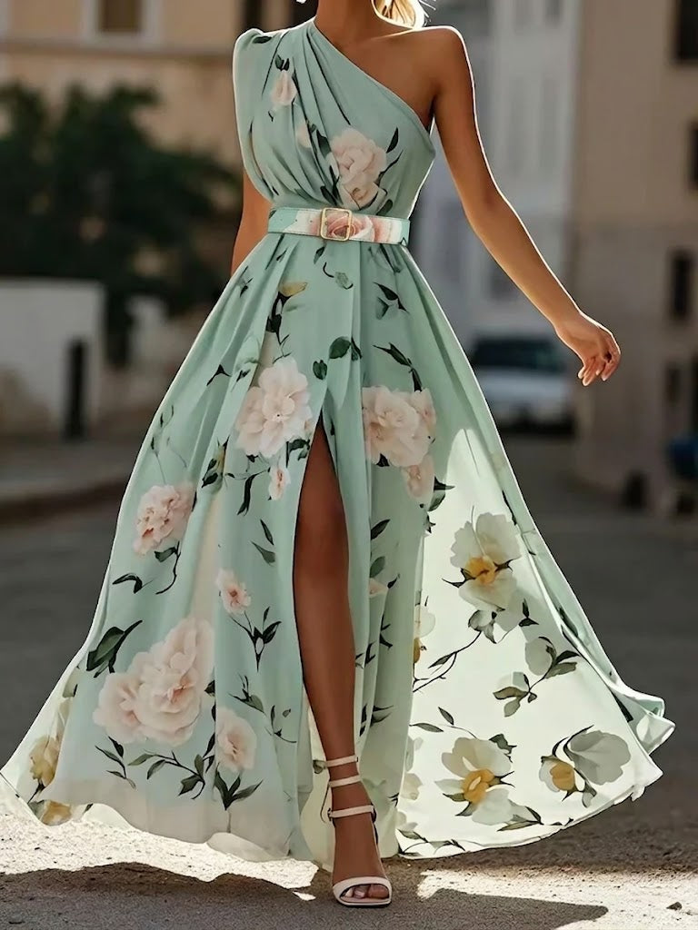 Sandra - Vestido largo floral de un solo hombro