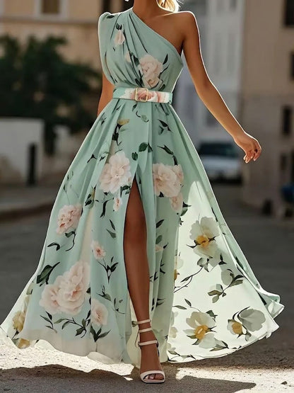 Sandra - Vestido largo floral de un solo hombro