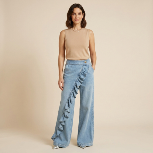 Violeta - Pantalones vaqueros asimétricos con volante y pierna ancha