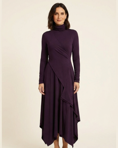 Alba - Vestido maxi elegante con cuello alto y drapeado asimétrico
