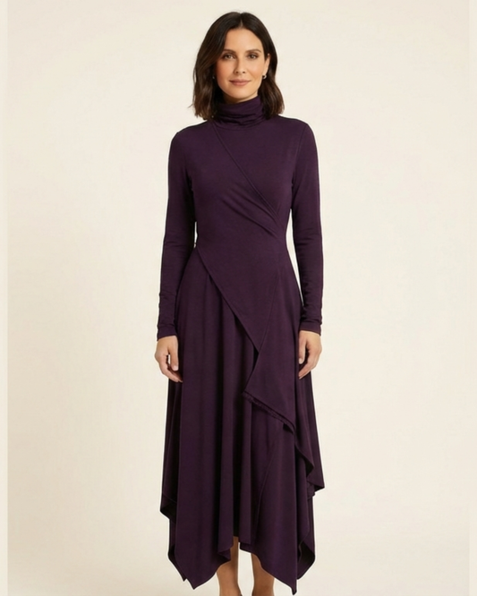 Alba - Vestido maxi elegante con cuello alto y drapeado asimétrico