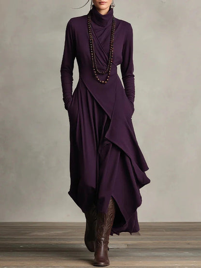 Alba - Vestido maxi elegante con cuello alto y drapeado asimétrico
