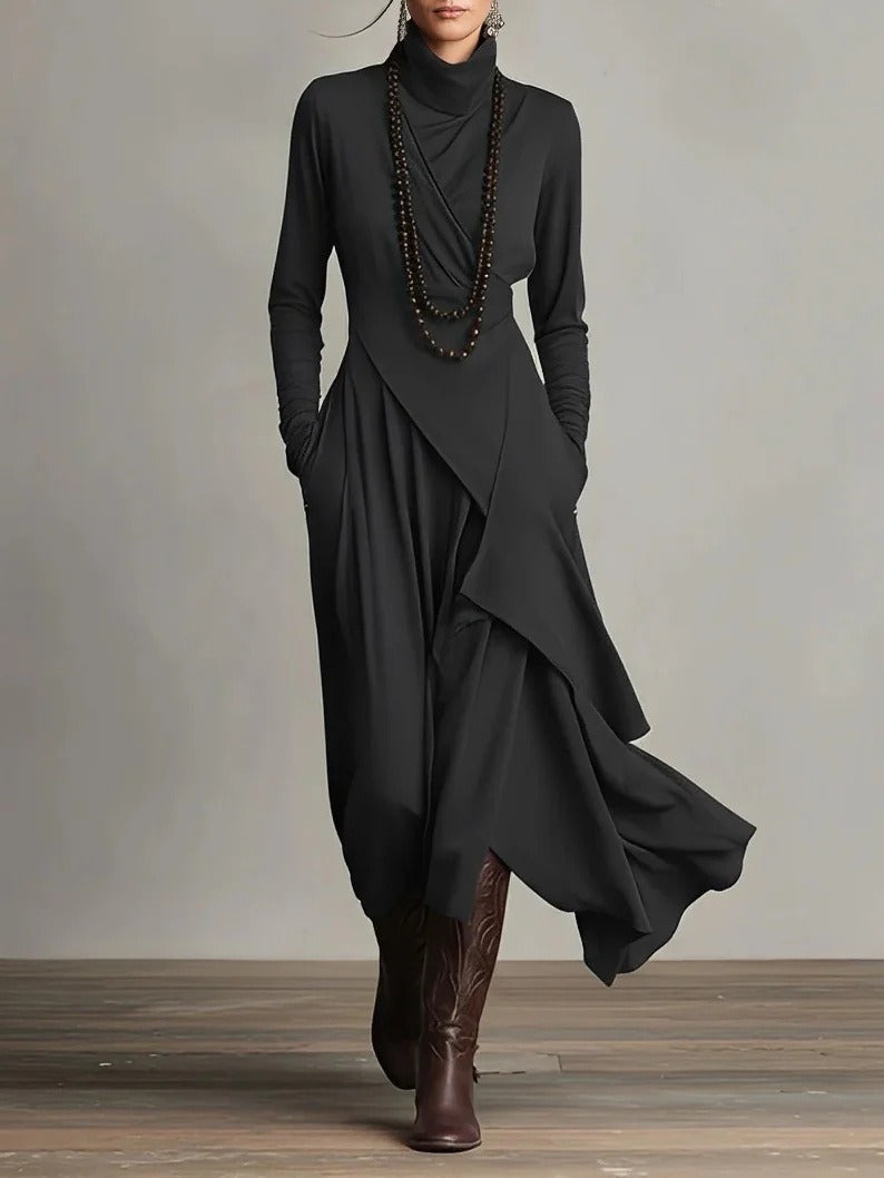 Alba - Vestido maxi elegante con cuello alto y drapeado asimétrico