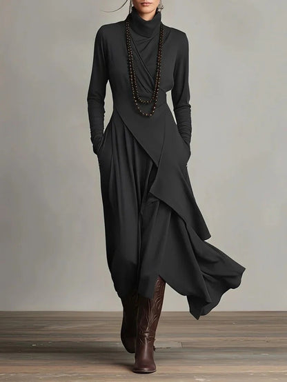 Alba - Vestido maxi elegante con cuello alto y drapeado asimétrico