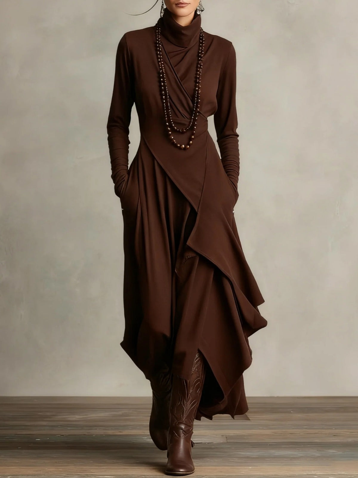 Alba - Vestido maxi elegante con cuello alto y drapeado asimétrico