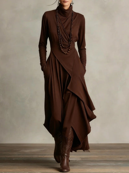 Alba - Vestido maxi elegante con cuello alto y drapeado asimétrico