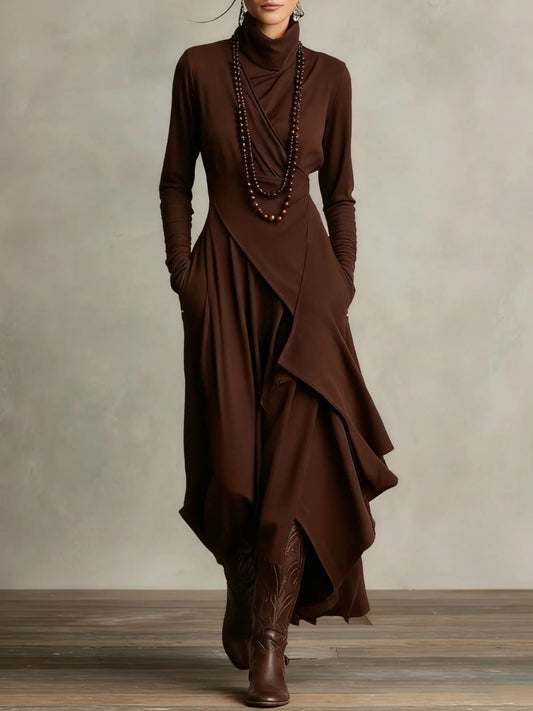 Elena - Vestido maxi elegante con cuello alto y drapeado asimétrico