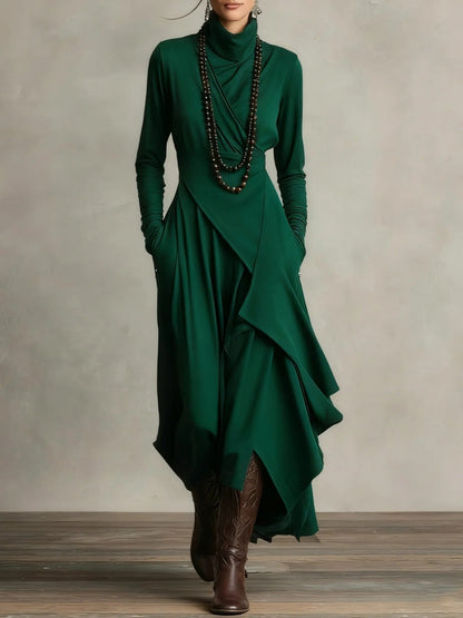 Alba - Vestido maxi elegante con cuello alto y drapeado asimétrico