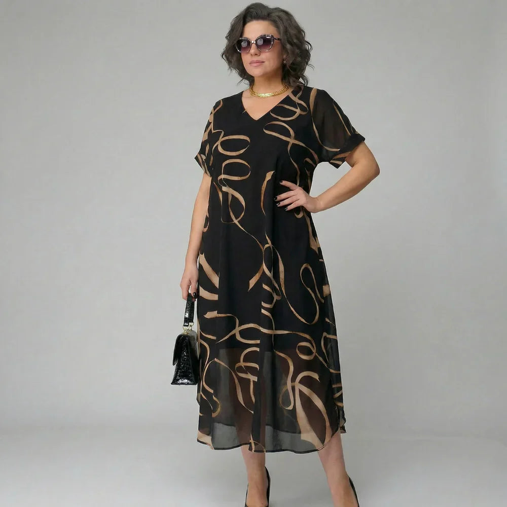 Patricia - Vestido con volante y estampado dorado