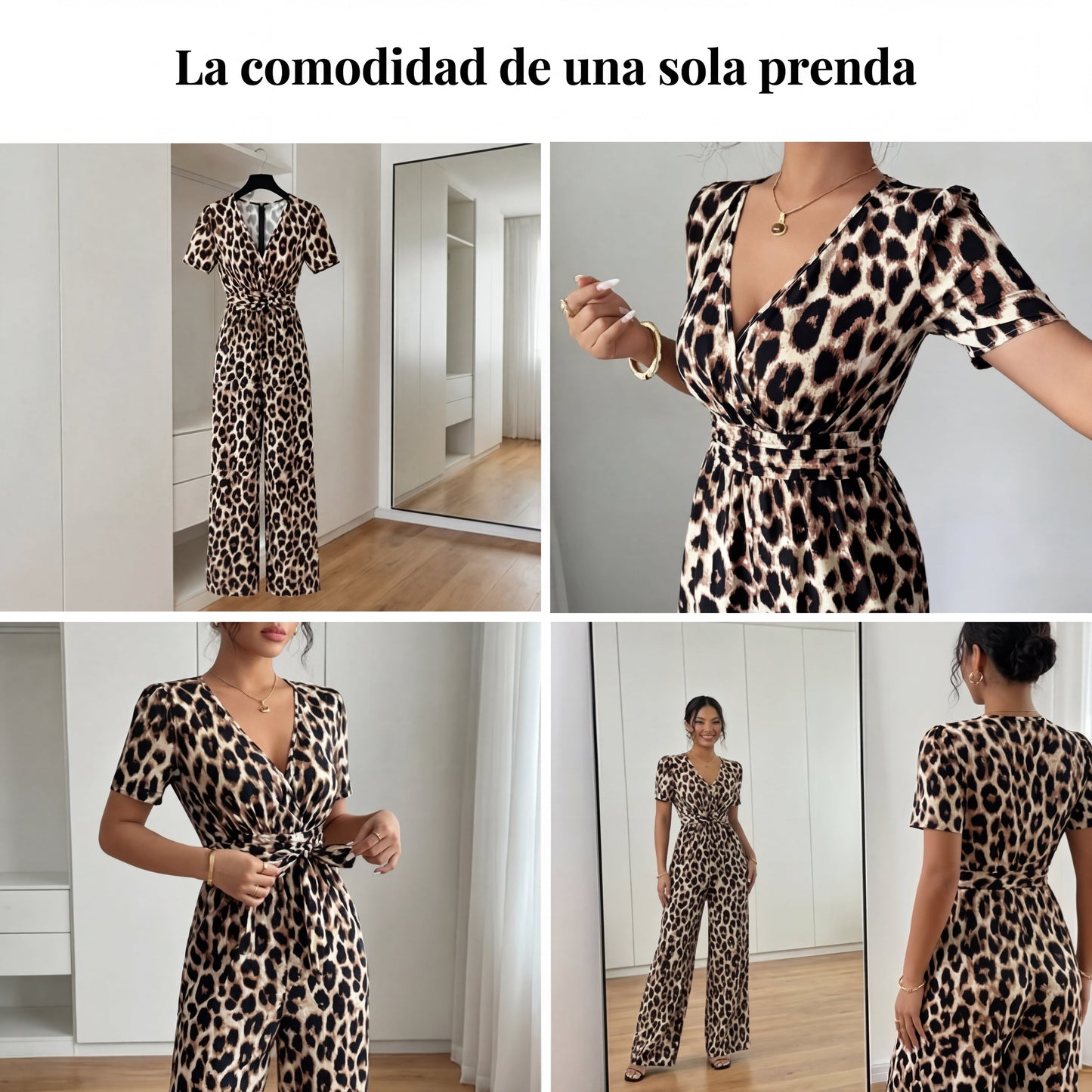 Rebeca - Mono de leopardo con escote en V y pierna ancha