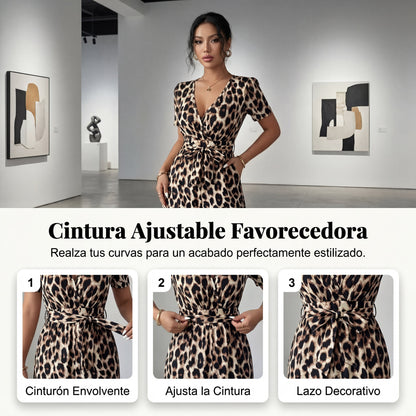 Rebeca - Mono de leopardo con escote en V y pierna ancha
