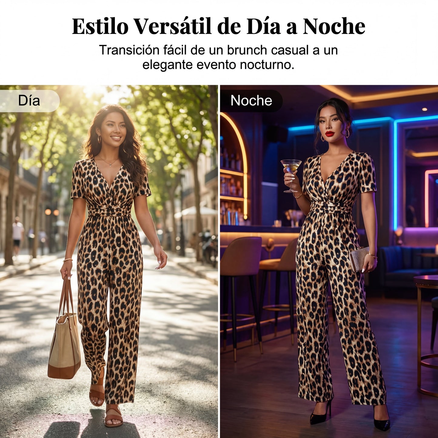 Rebeca - Mono de leopardo con escote en V y pierna ancha