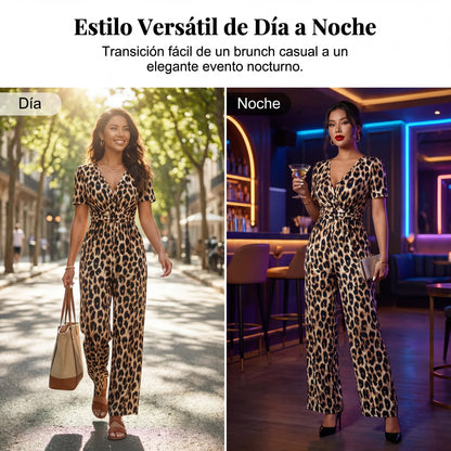Rebeca - Mono de leopardo con escote en V y pierna ancha