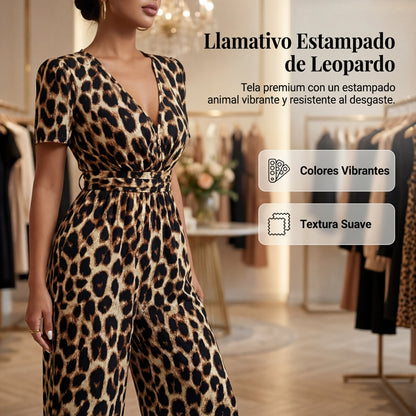 Rebeca - Mono de leopardo con escote en V y pierna ancha