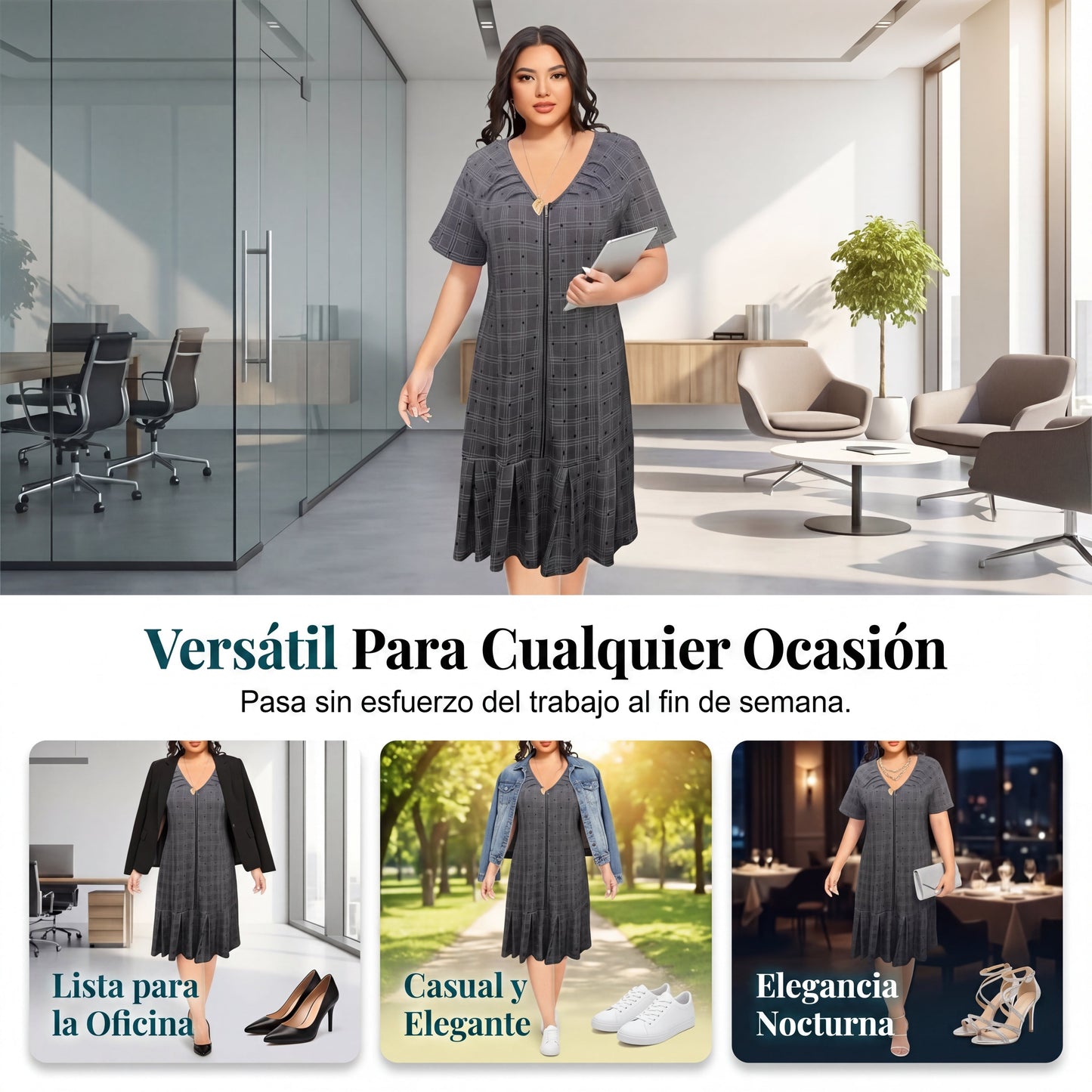 Laura - Vestido de cuadros con cremallera y bajo plisado