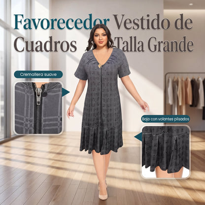 Laura - Vestido de cuadros con cremallera y bajo plisado