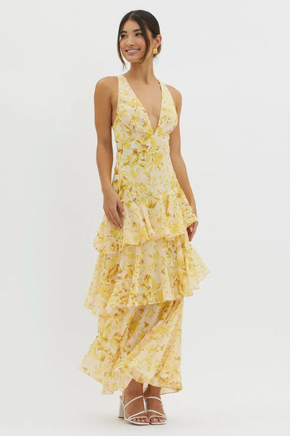 Paloma - Vestido largo floral con volantes