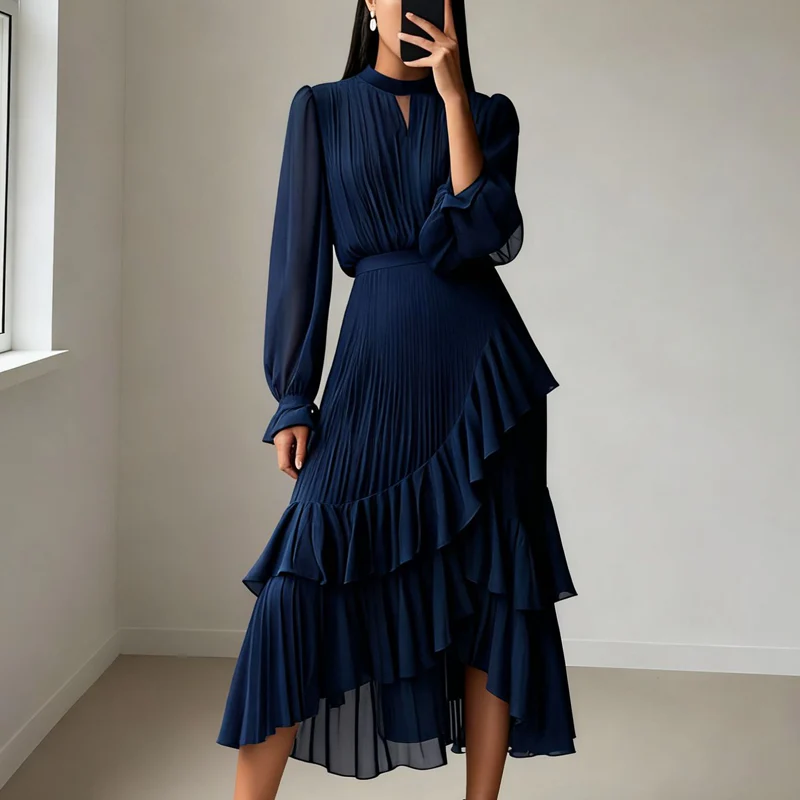 Silvia - Vestido elegante con escote ojo de cerradura y volantes