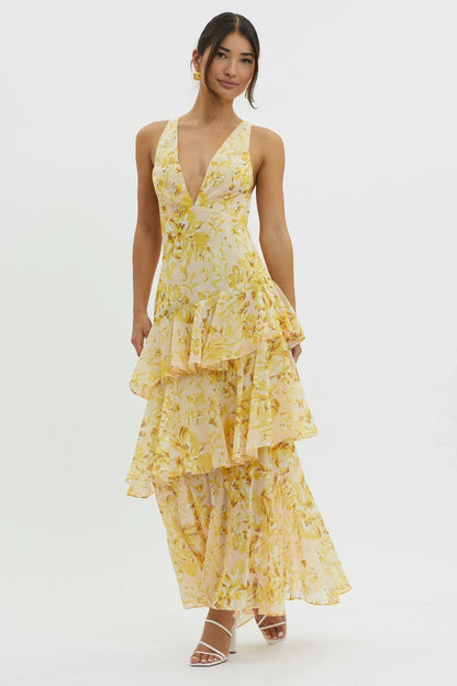 Paloma - Vestido largo floral con volantes