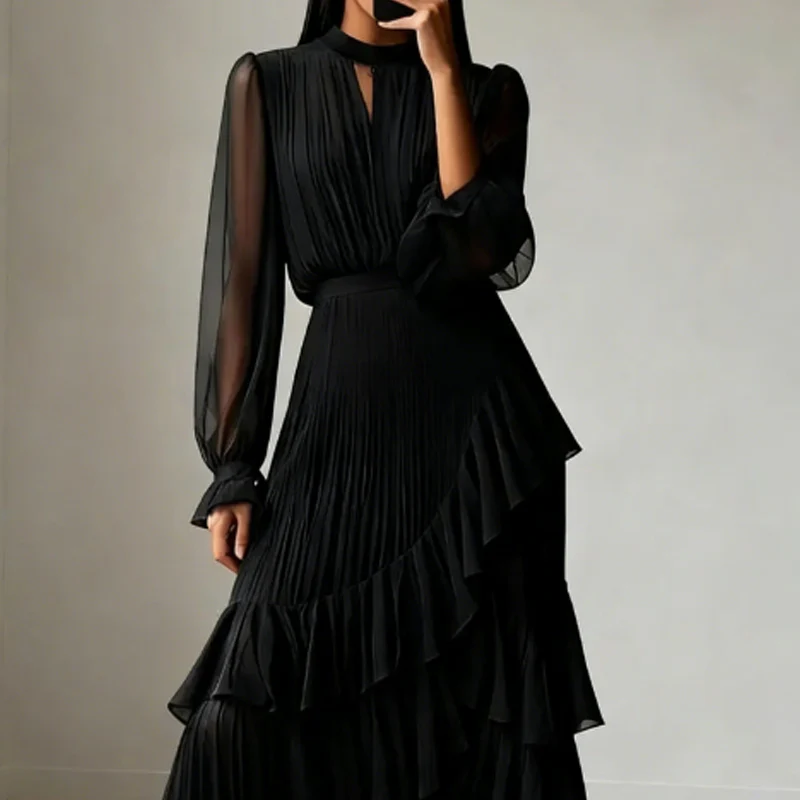 Silvia - Vestido elegante con escote ojo de cerradura y volantes