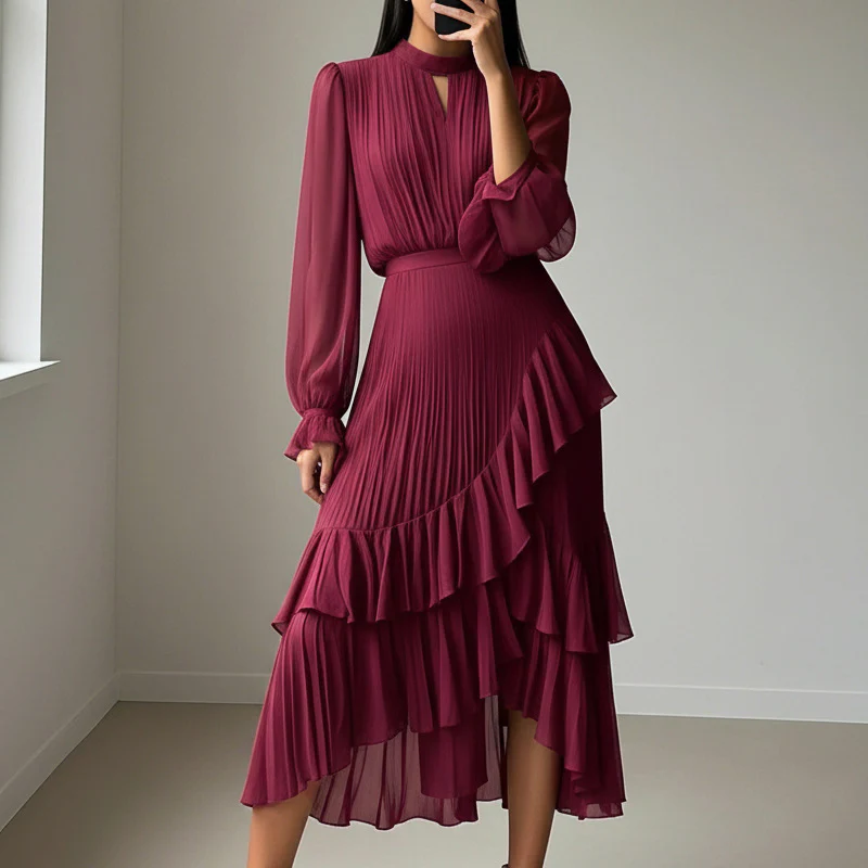 Silvia - Vestido elegante con escote ojo de cerradura y volantes
