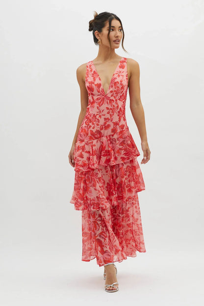 Paloma - Vestido largo floral con volantes
