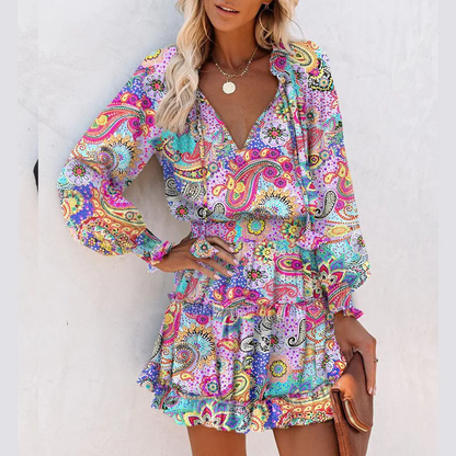 Maia - Vestido mini con escote en V, manga larga y volantes