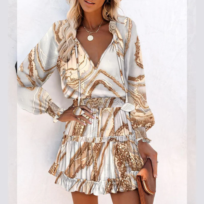 Maia - Vestido mini con escote en V, manga larga y volantes