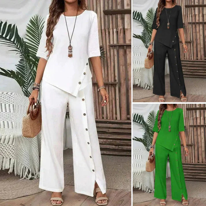 Elena - Conjunto elegante de top asimétrico y pantalón ancho