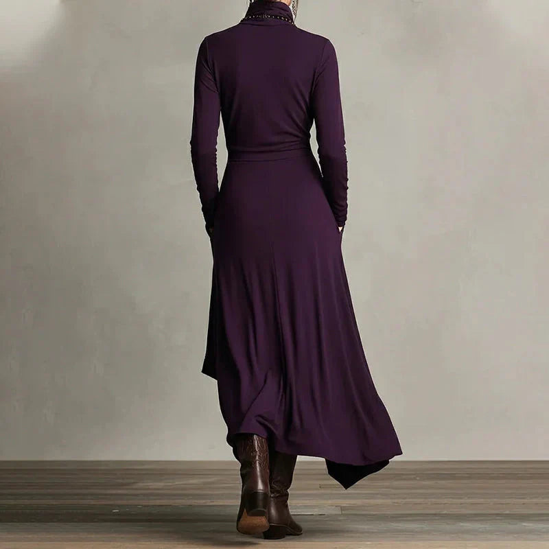 Alba - Vestido maxi elegante con cuello alto y drapeado asimétrico