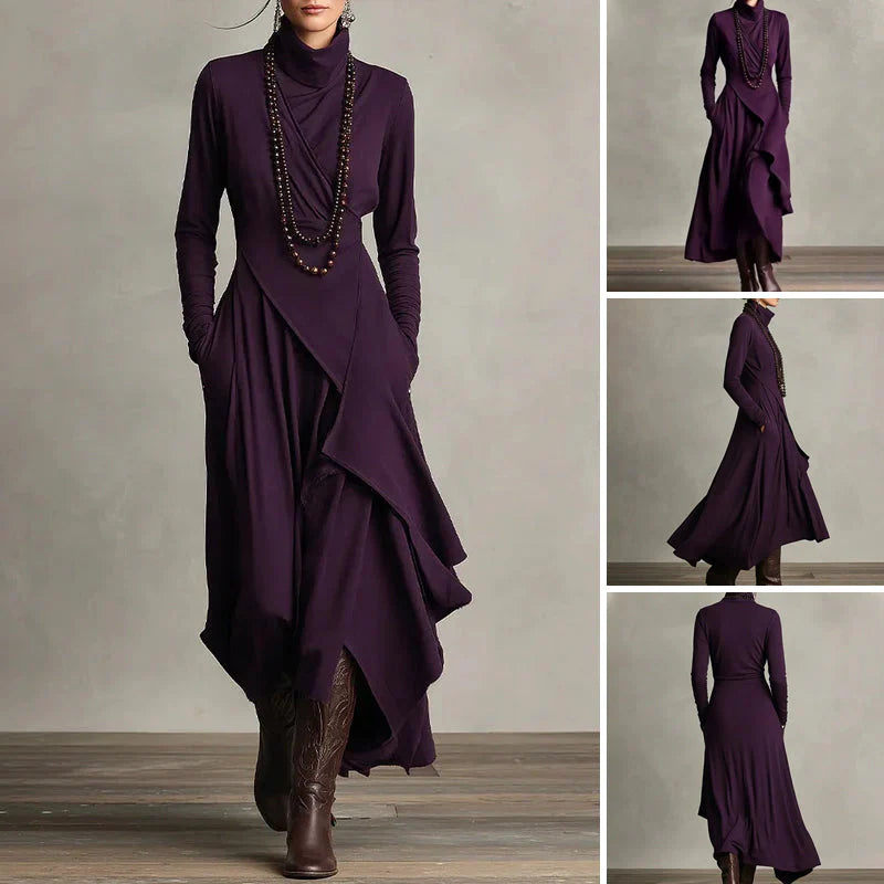 Alba - Vestido maxi elegante con cuello alto y drapeado asimétrico
