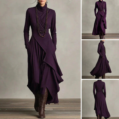 Alba - Vestido maxi elegante con cuello alto y drapeado asimétrico