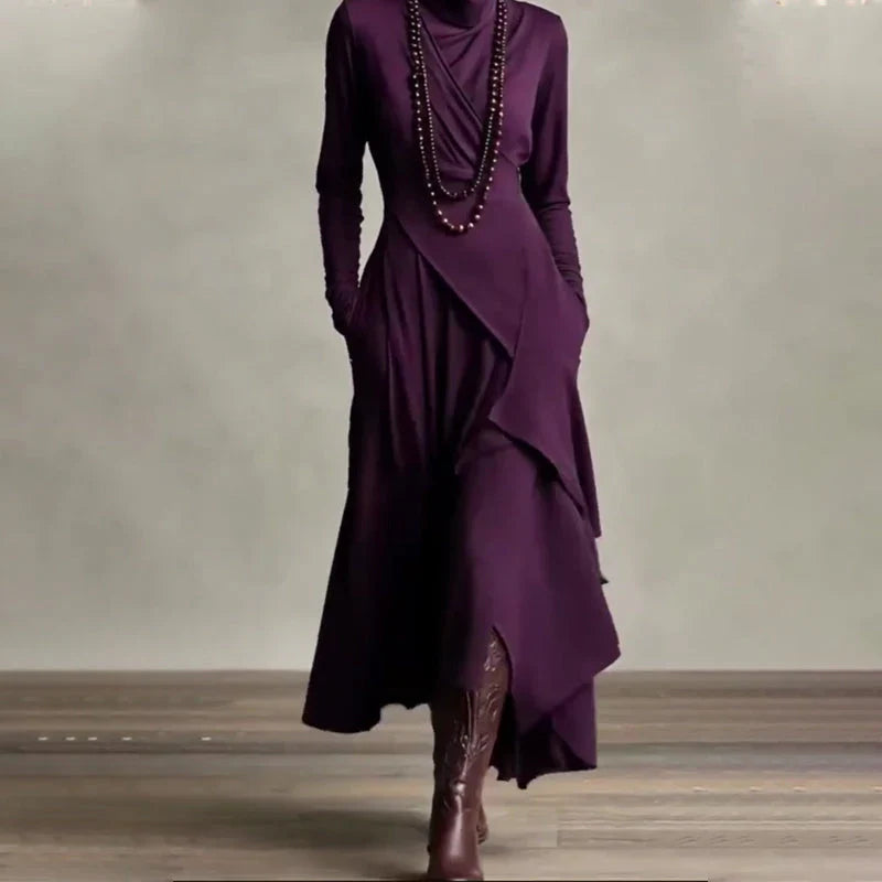 Alba - Vestido maxi elegante con cuello alto y drapeado asimétrico