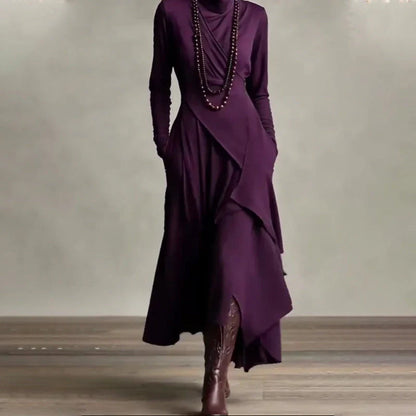 Alba - Vestido maxi elegante con cuello alto y drapeado asimétrico