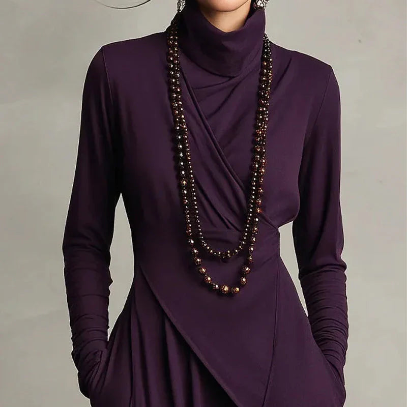Alba - Vestido maxi elegante con cuello alto y drapeado asimétrico