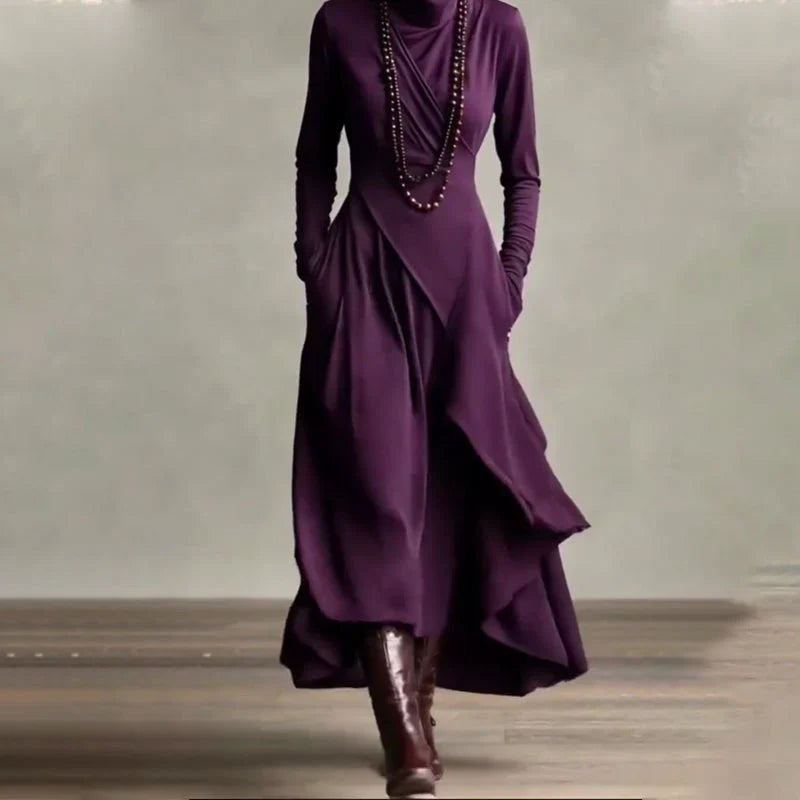 Alba - Vestido maxi elegante con cuello alto y drapeado asimétrico