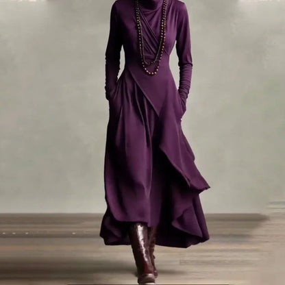 Alba - Vestido maxi elegante con cuello alto y drapeado asimétrico