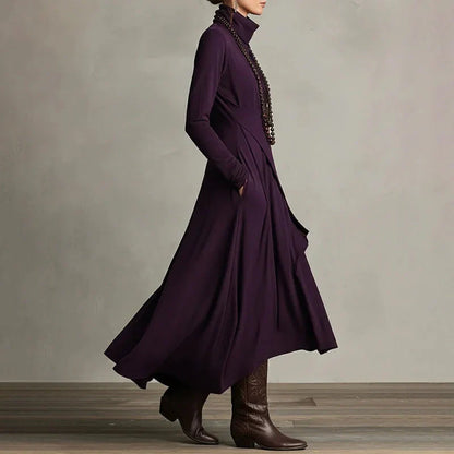 Alba - Vestido maxi elegante con cuello alto y drapeado asimétrico